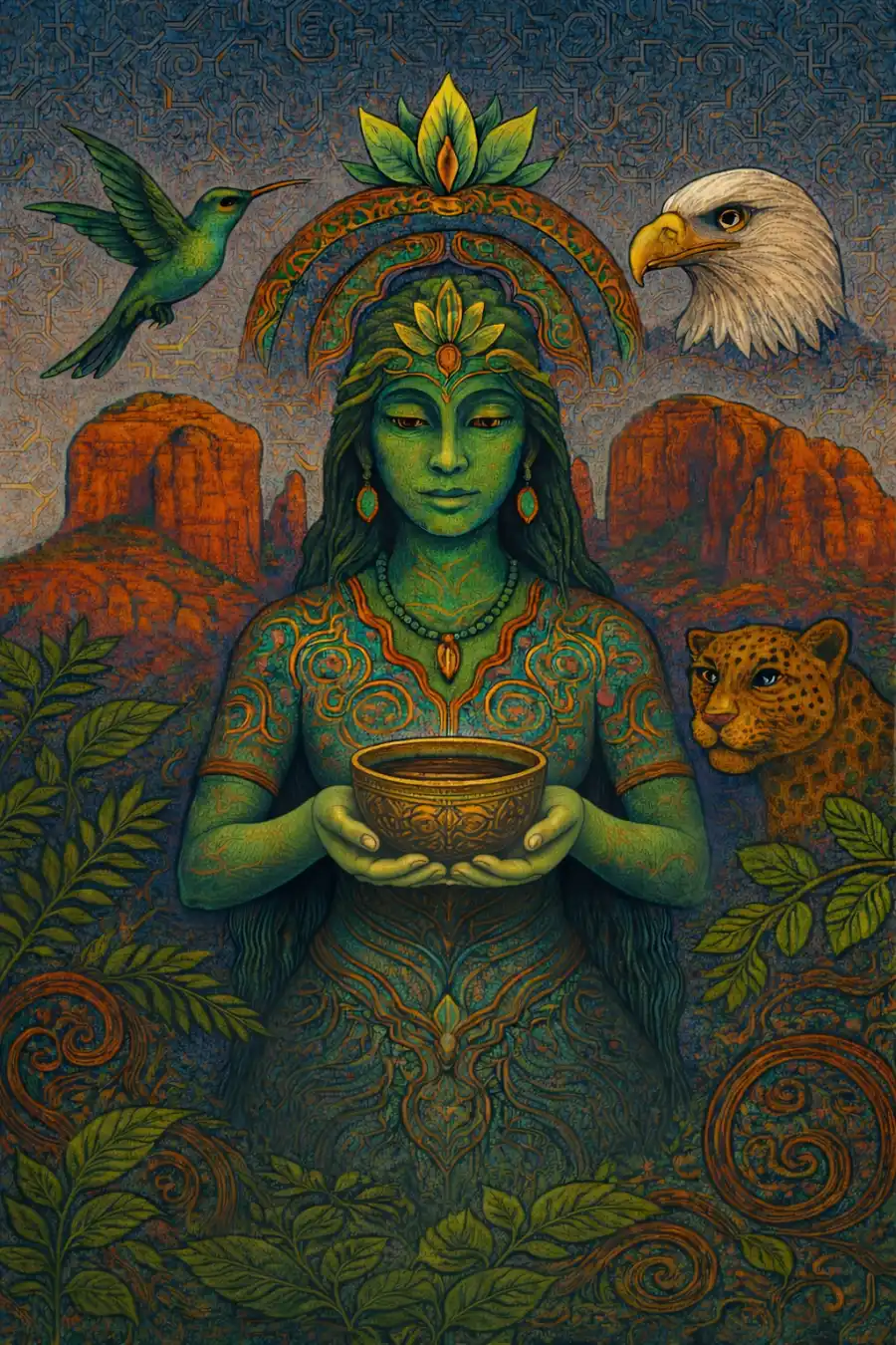 Illustration of a green medicine spirit holding a ceremonial bowl amid Sedona red rocks